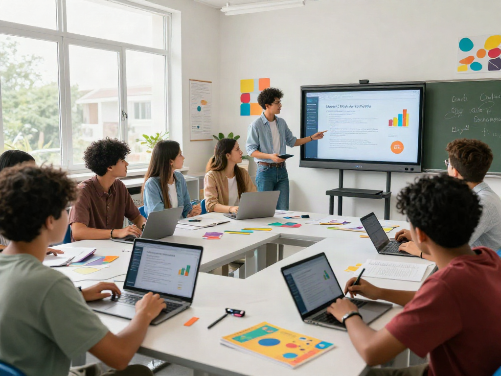 Engaging classroom where students look at this web-site on digital devices.