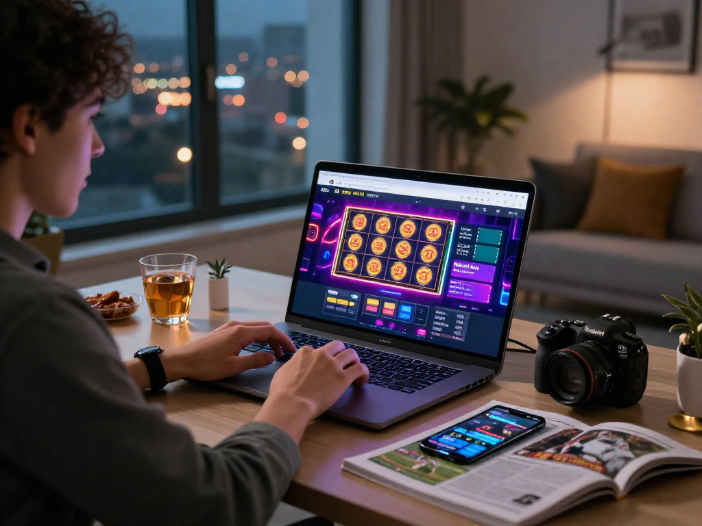Experience online gambling at https://www.modernrussia.com/mpocash/ in a cozy home office with vibrant gaming visuals.
