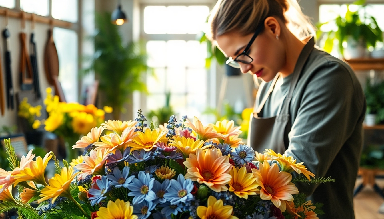 Gestalte mit bluetenbande Blumen in einem hellen, freundlichen Floristikstudio