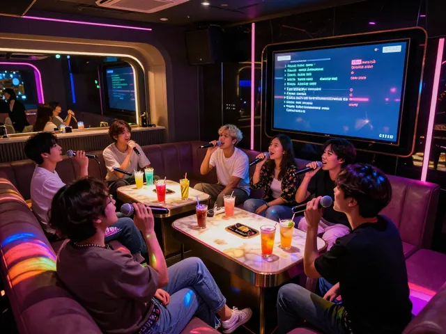 강남 달토에서 즐거운 분위기의 가라오케 장면, 친구들이 노래 부르고 있는 모습