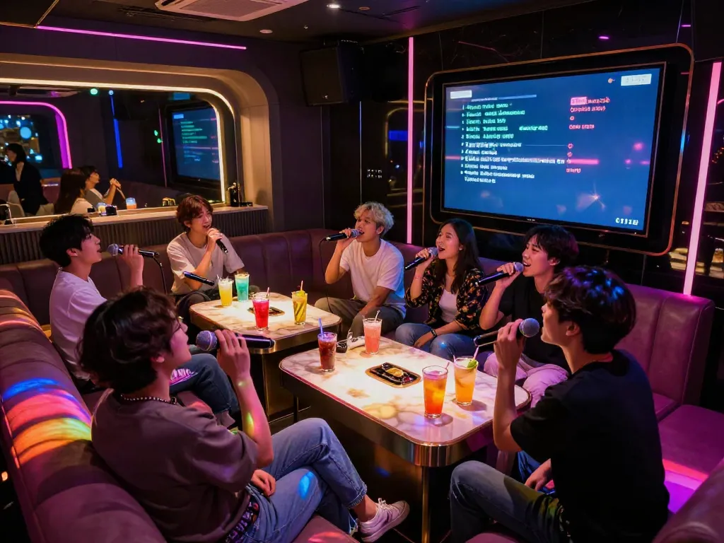 강남 달토에서 즐거운 분위기의 가라오케 장면, 친구들이 노래 부르고 있는 모습