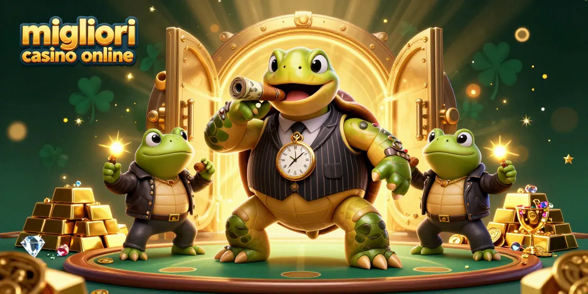 Scopri i migliori casino online con una tartaruga in costume, gemme e oro.