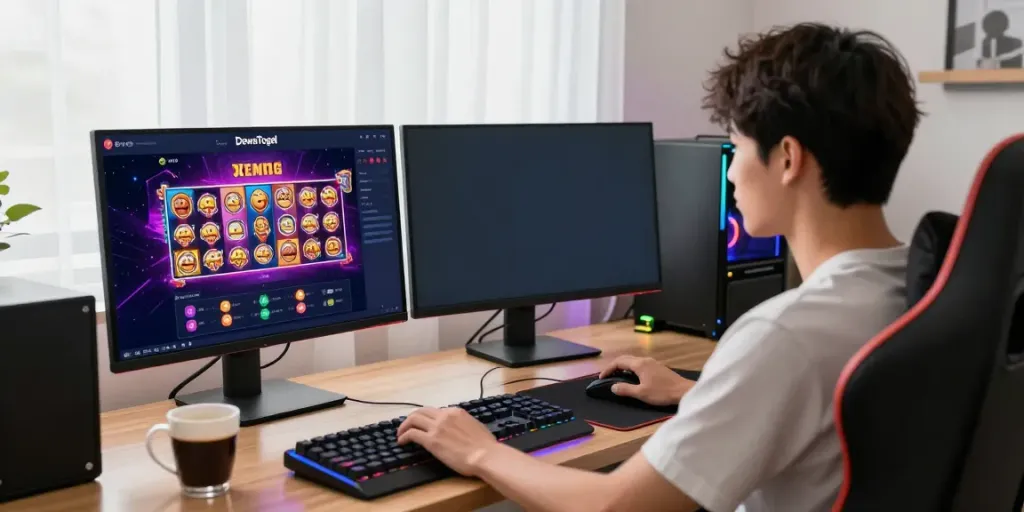 DewaTogel Link Alternatif gaming scene with user engaging in online Toto and slot games.
