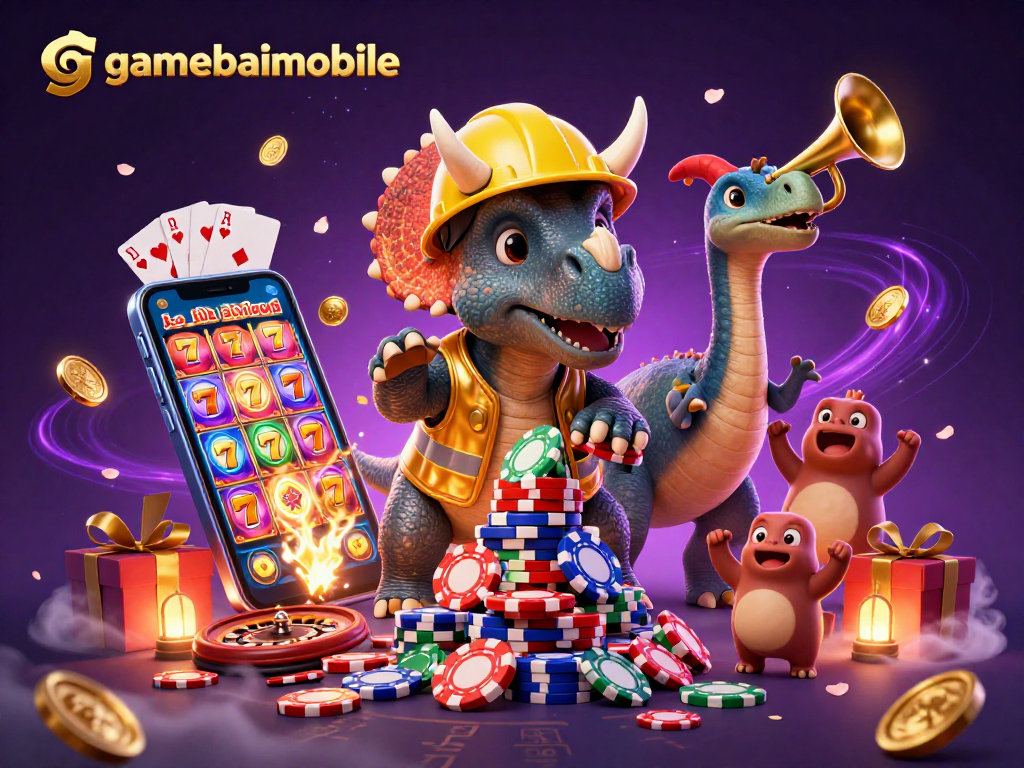 Gamebaimobile showcases vibrant slot gaming with a triceratops and friends in celebration.