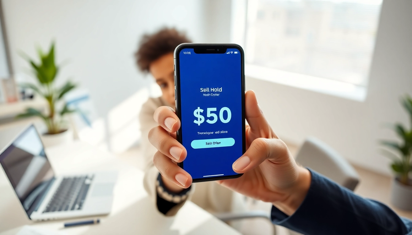 Sell my old phone by an individual showcasing a cash offer in a modern office setting.