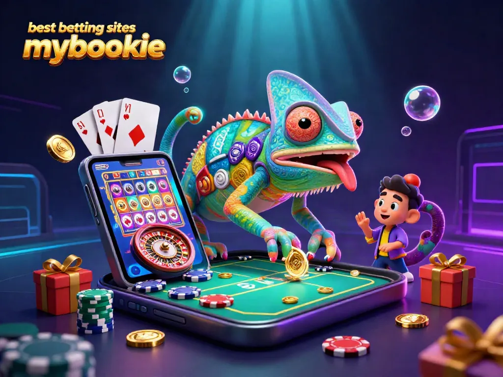 Experience the excitement with the best betting sites mybookie, featuring colorful games and a chameleon casino owner.