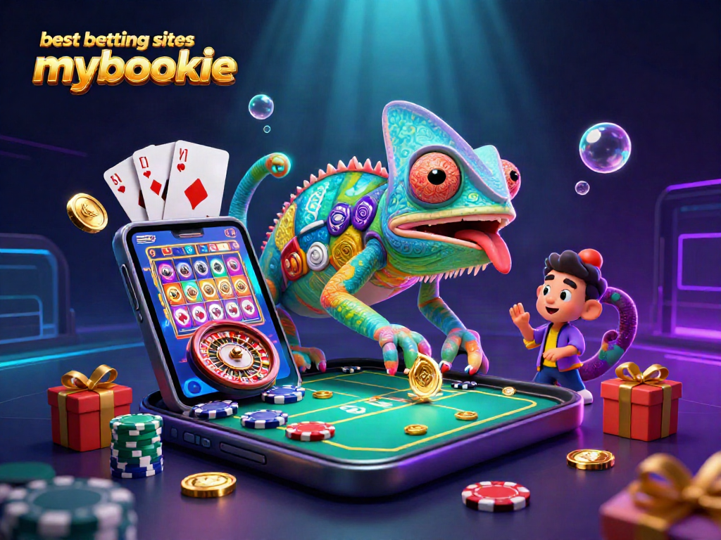 Experience the excitement with the best betting sites mybookie, featuring colorful games and a chameleon casino owner.