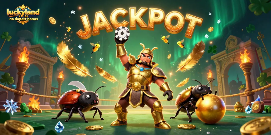 Spin slots and win with the luckyland slots no deposit bonus, featuring a heroic beetle in golden armor.