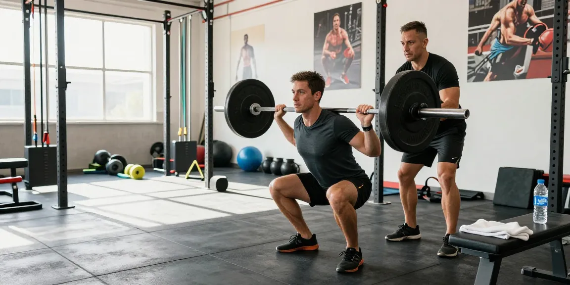 Medi Pharma Steroids athlete squatting in a vibrant gym surrounded by weights and trainers.