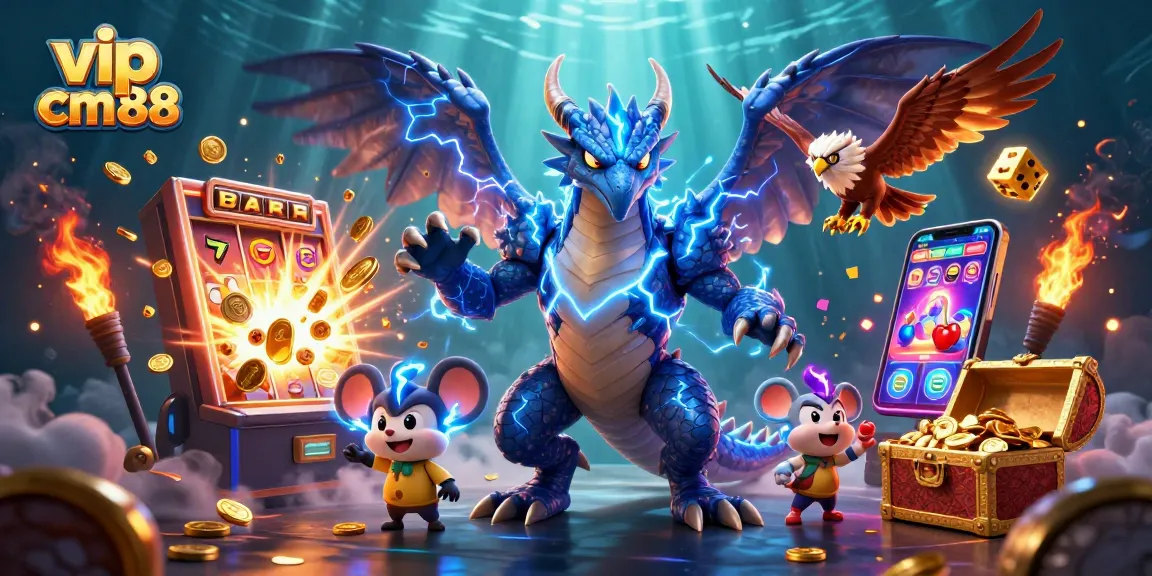 Experience thrilling gameplay with vip cm88 on a colorful slot machine scene bursting with action.