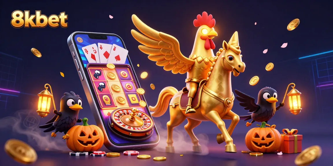 Win big with engaging 8kbet casino games featuring a magical illustration of a golden rooster and lanterns.