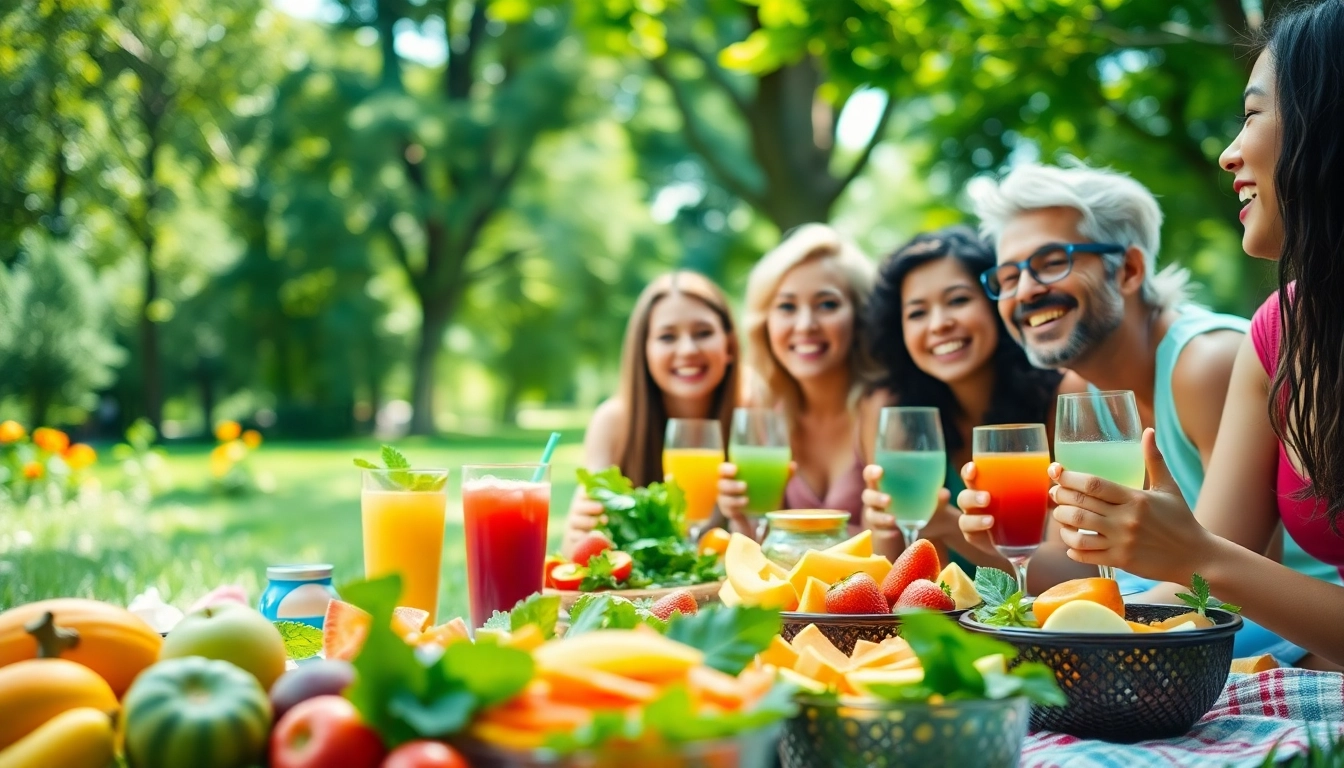 Enjoying a Healthy Life with friends at a picnic filled with vibrant fruits and salads.