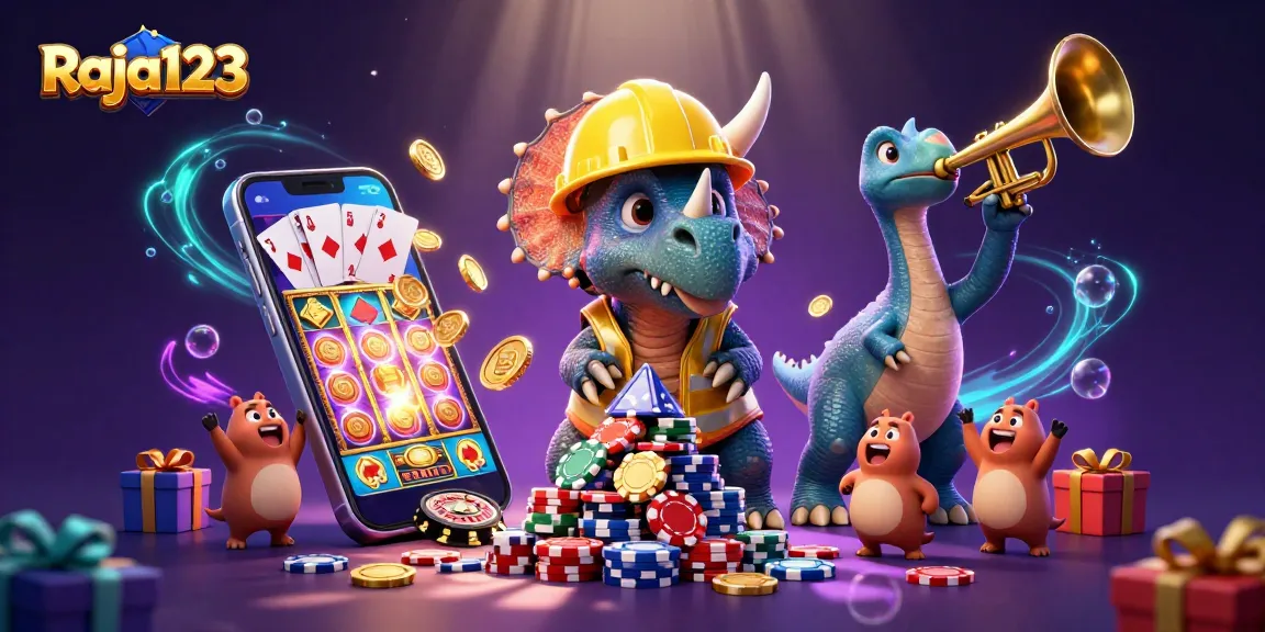Experience Raja123's vibrant casino scene with joyful characters and colorful gaming elements.