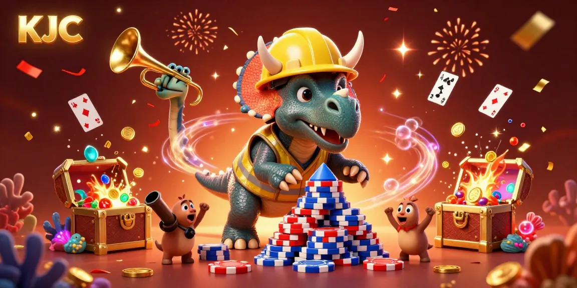 KJC celebrates gaming triumphs with a dynamic illustration featuring cartoon dinosaur characters and casino elements.