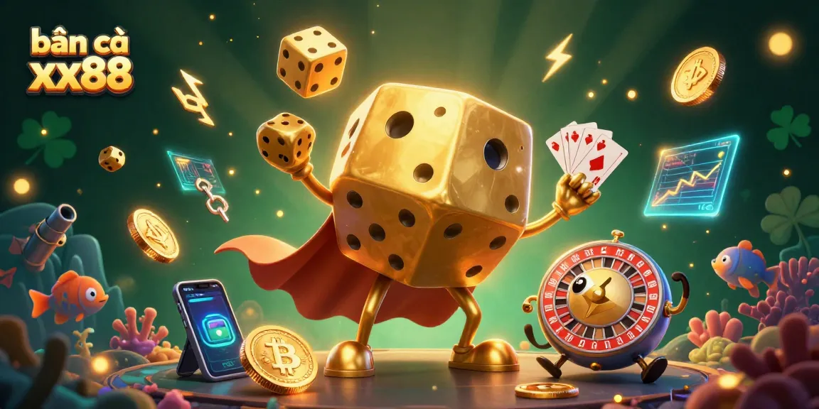Bắn cá xx88 features a vibrant scene with golden dice characters and underwater elements for thrilling gameplay.