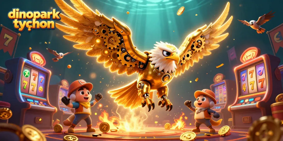 Dive into dinopark tycoon with a 3D eagle amidst vibrant casino elements and gold coins