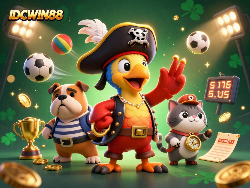 Engage with IDCWIN88 at a lively casino scene featuring a pirate captain and sports elements.