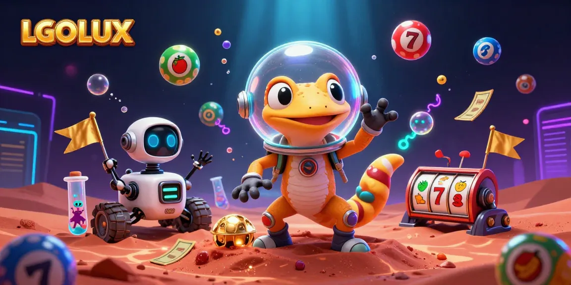 Engage in vibrant slot gaming action with LGOLUX showcasing Martian gecko discovering a gold casino amidst colorful elements.