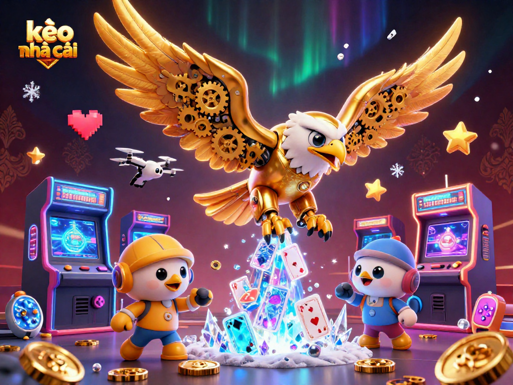 Engage with kèo nhà cái through a vibrant illustration of a cybernetic eagle amidst casino gaming elements.