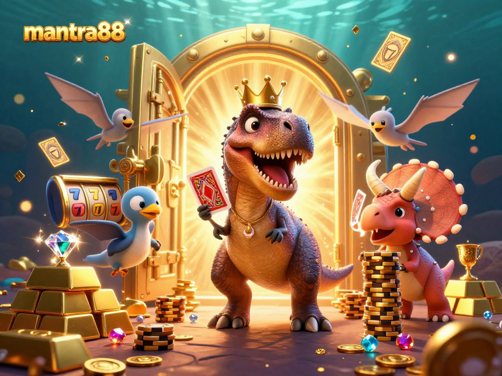 Engage in thrilling action at mantra88 with a T-Rex shuffling cards amid a jackpot scene.