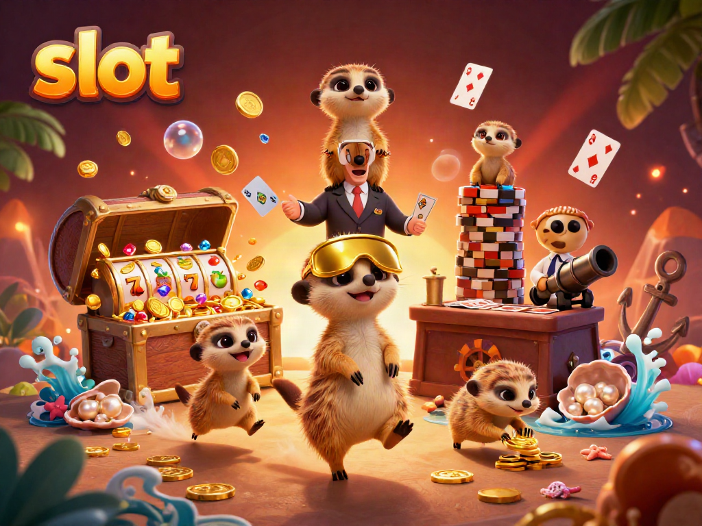 Engaging 3D scene of meerkats operating a vibrant casino, highlighted by slot machine elements.