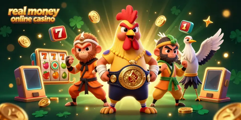 Experience the thrill of a real money online casino with vibrant characters and games.