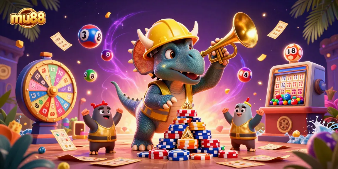 Win big at mu88 with a festive scene of playful dinosaurs and dynamic casino elements.