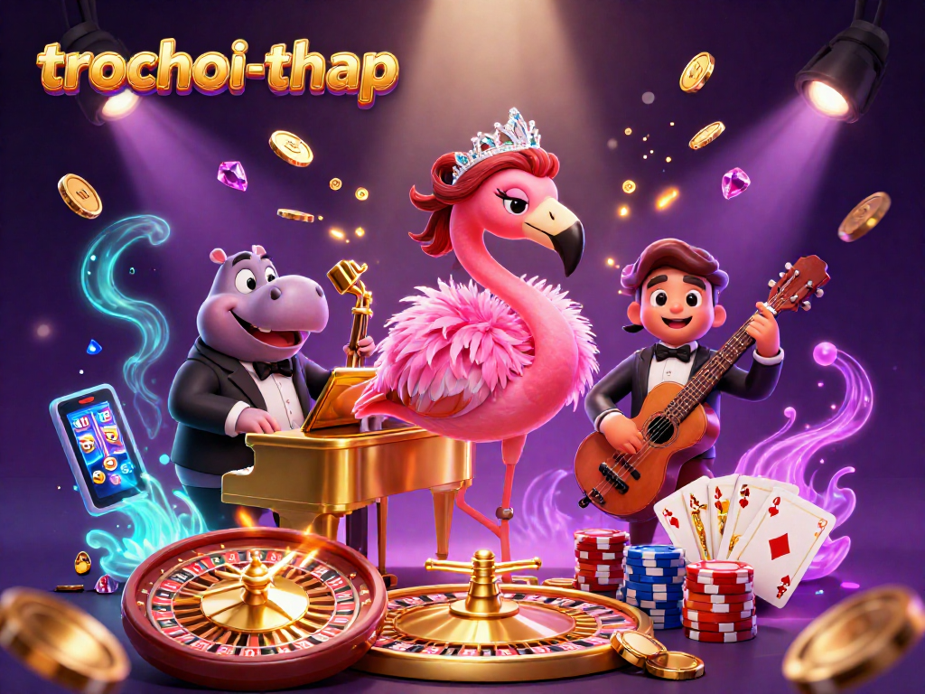 Engage in trochoi-thap with a vibrant casino scene featuring a singing flamingo and jazzy hippo musician.