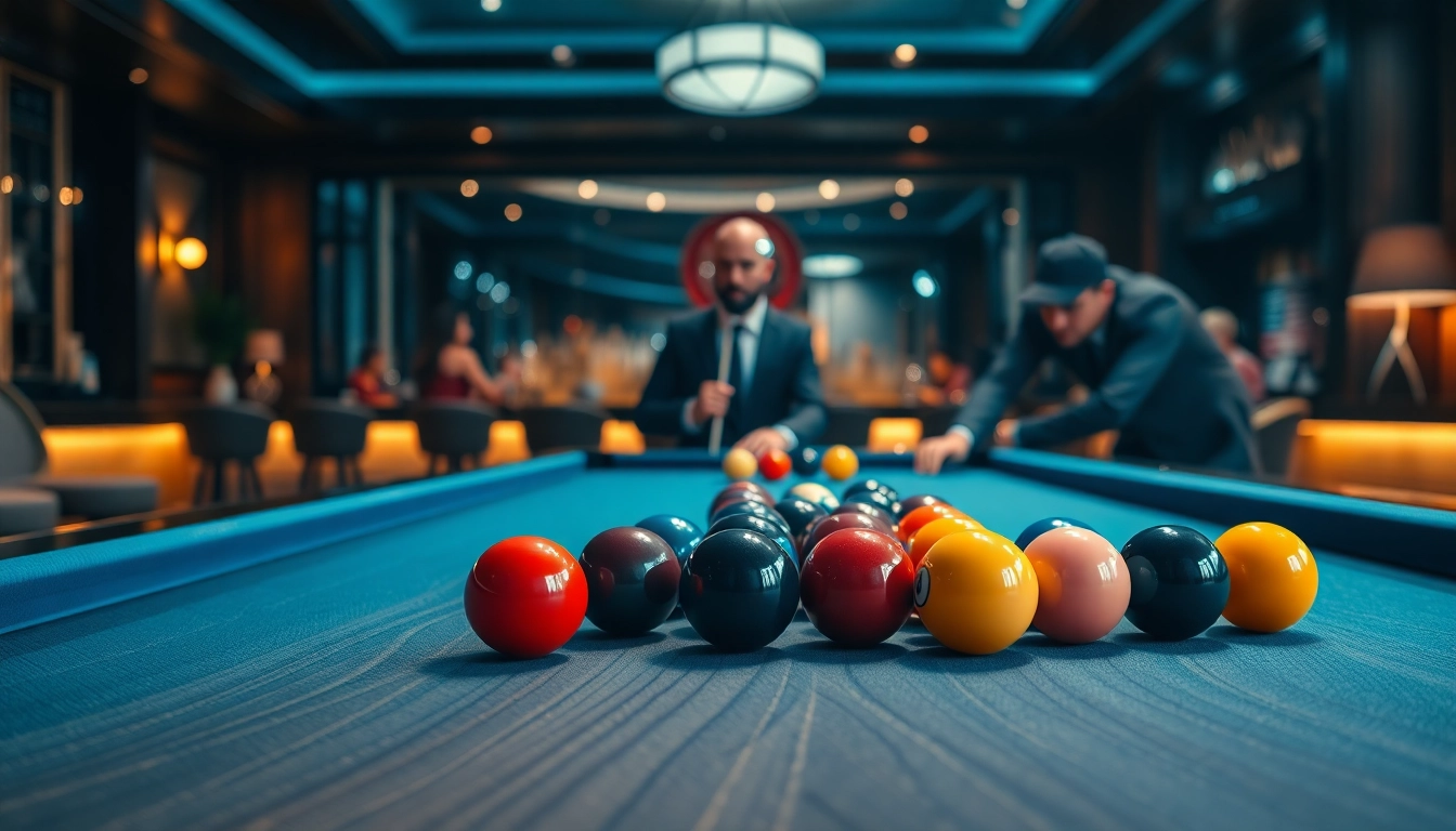 Captivating billiards match in a vibrant bar setting highlighting skillful players.