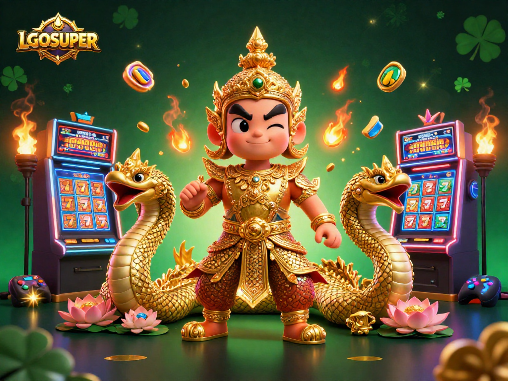 Experience thrilling slots at LGOSUPER with our vibrant, action-packed gaming illustration.