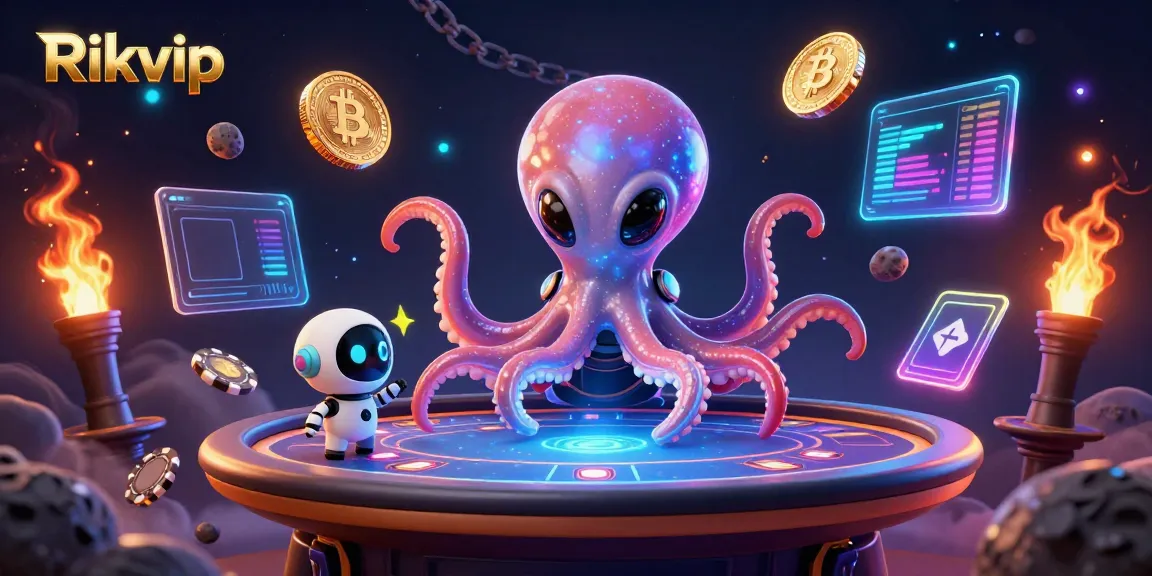 Experience exciting gameplay at Rikvip with holographic poker tables and neon crypto elements.
