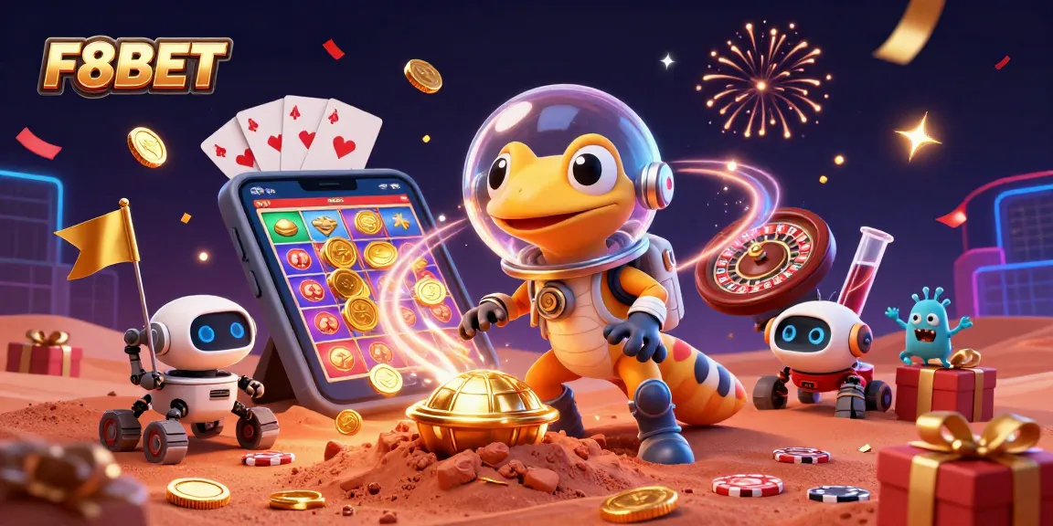 Experience the excitement and rewards of F8BET with this vibrant illustration showcasing a 3D cartoon Martian gecko exploring an alien casino.