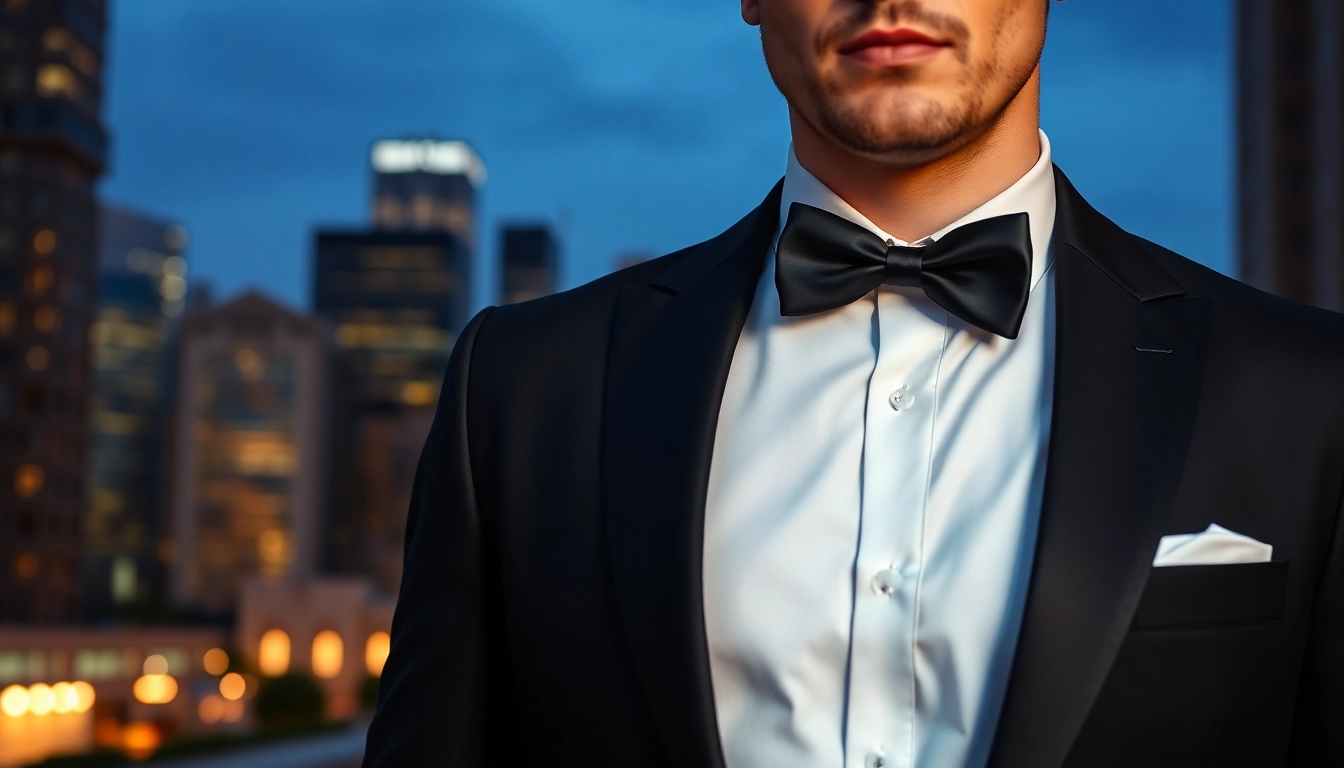 Man demonstrating impeccable style in men's black formal attire at a sophisticated urban setting.