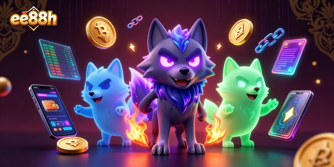 Stunning ee88h scene with glowing wolves and crypto coins impacting the virtual casino world
