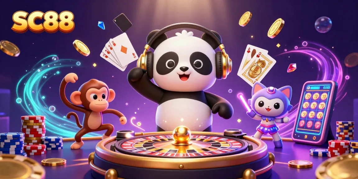 Engage with SC88’s vibrant casino scene featuring a DJ panda, dancing monkey, and kitten.
