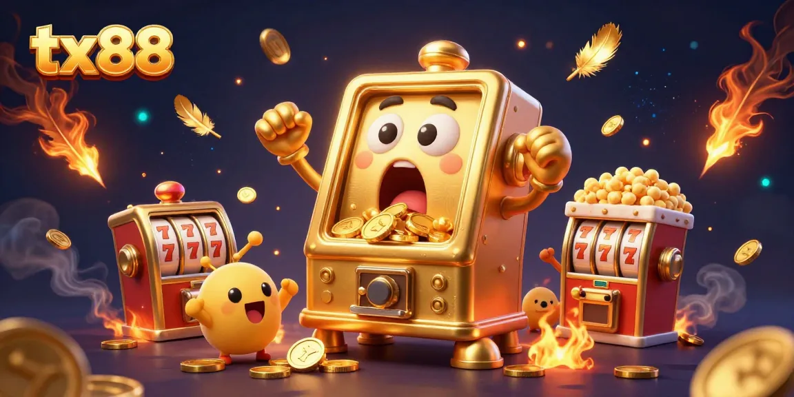 tx88 showcases a golden slot machine hitting a jackpot with coins pouring out, creating excitement.