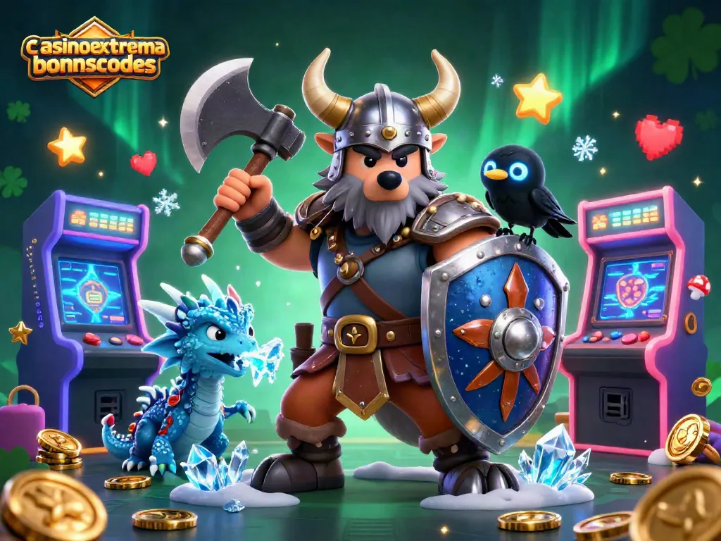 Engage with the casinoextremebonuscodes in this vibrant 3D illustration featuring Viking warriors and gaming elements