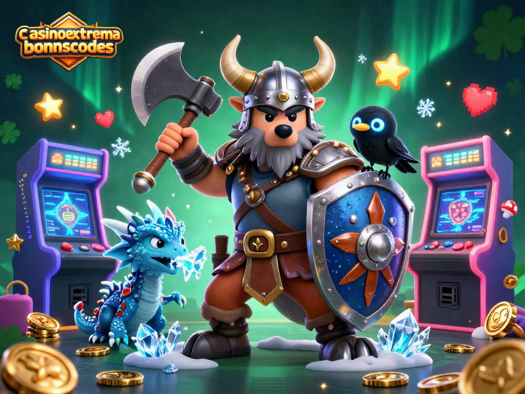 Engage with the casinoextremebonuscodes in this vibrant 3D illustration featuring Viking warriors and gaming elements