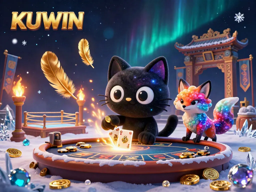 Engage with KUWIN's thrilling casino experience featuring a cosmic cat and fox amidst sparkling chips.