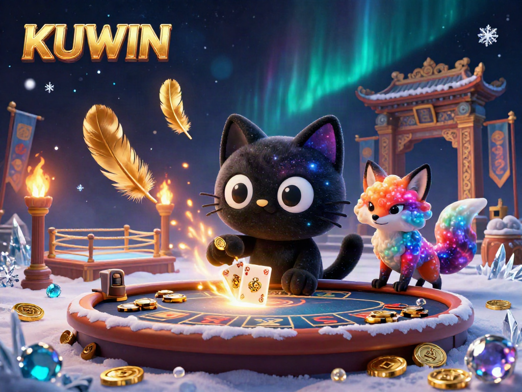 Engage with KUWIN's thrilling casino experience featuring a cosmic cat and fox amidst sparkling chips.