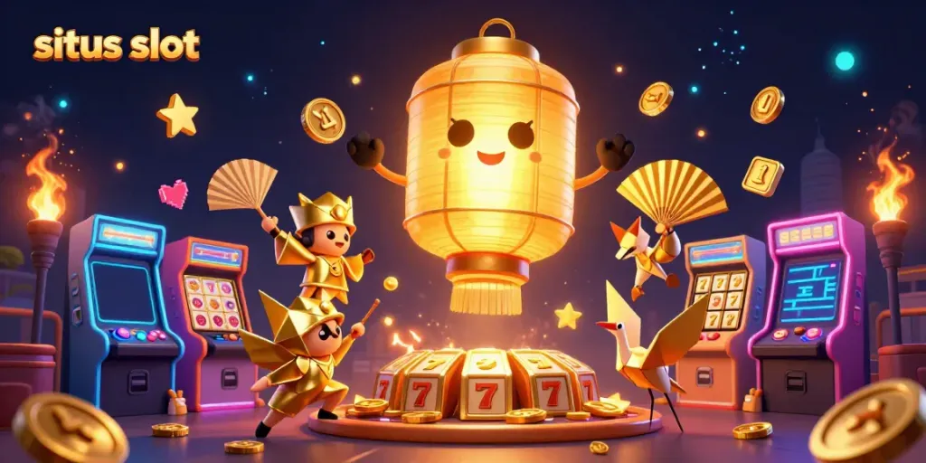 Permainan situs slot dengan karakter lentera emas dan elemen kasino yang meriah.
