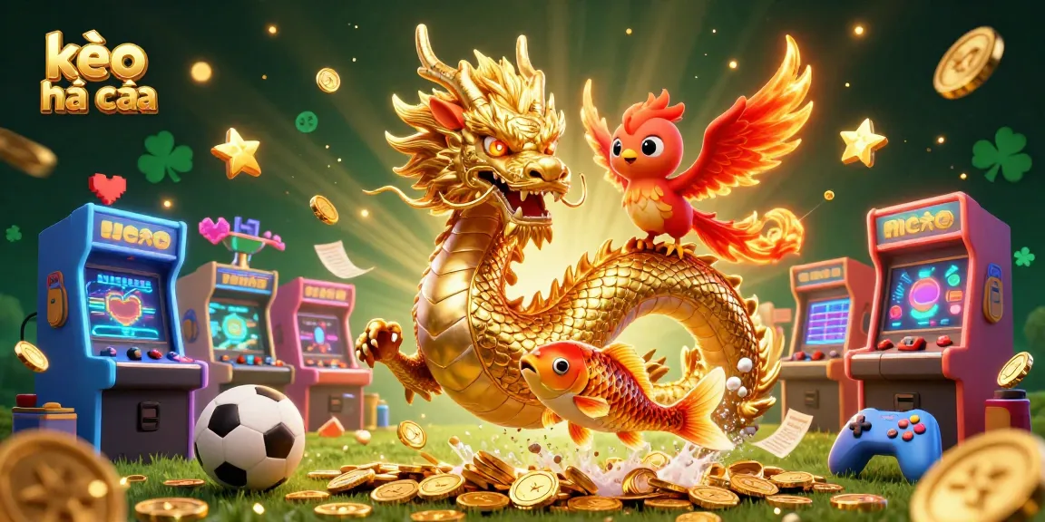 Engage with kèo nhà cái in a dynamic and colorful 3D sports betting scene featuring a Chinese dragon, phoenix, and koi fish.