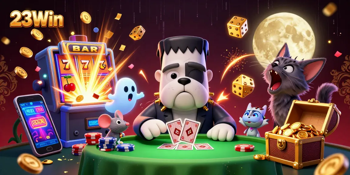 23Win brings excitement to players with vibrant 3D casino action featuring a Frankenstein bulldog monster dealing cards and slot elements.