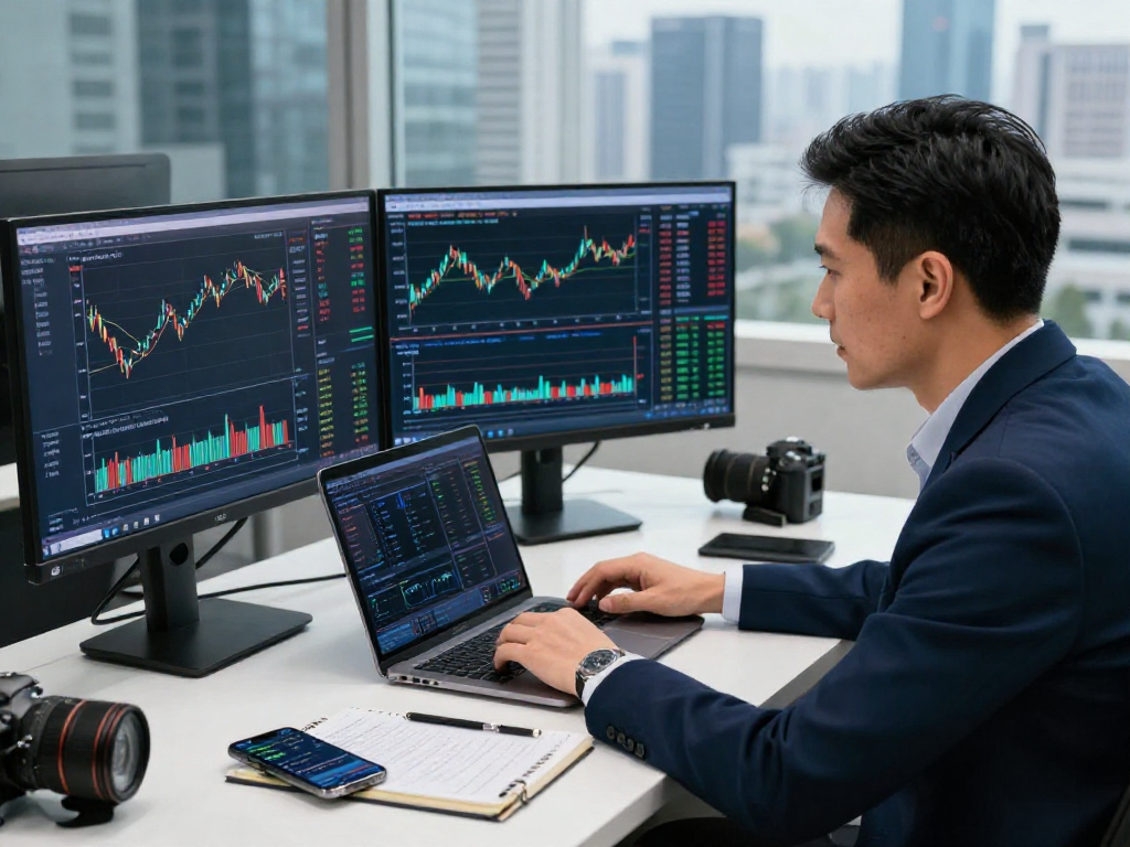 Traders using metatrader 5 at a desk with analytics and market charts.