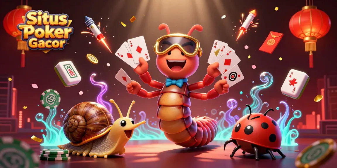Situs Poker Gacor showcases a vibrant scene of a millipede dealer amidst gaming elements celebrating poker excitement.