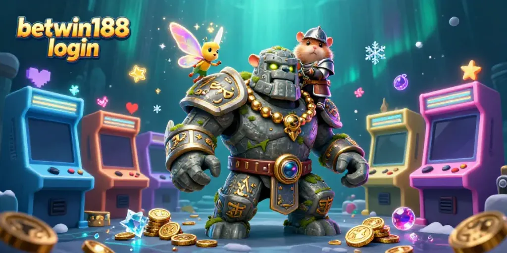 Permainan seru dan mudah diakses di betwin188 login dengan karakter golem dan hamster sebagai penjaga casino.