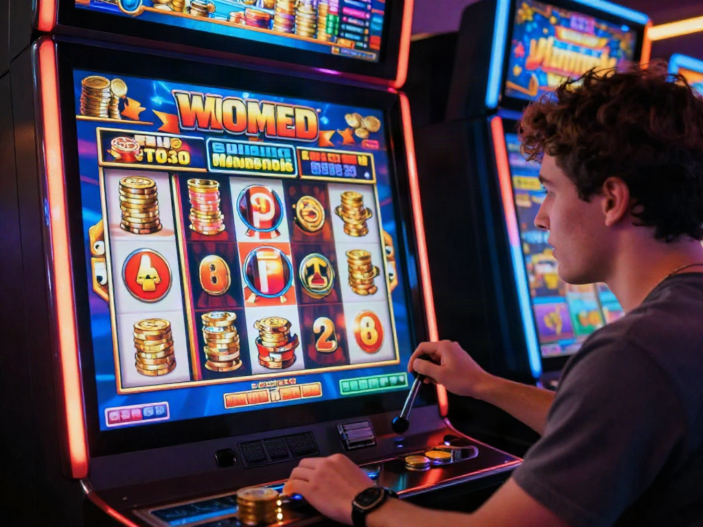 Player interacting with a colorful slot machine in an engaging online gaming environment