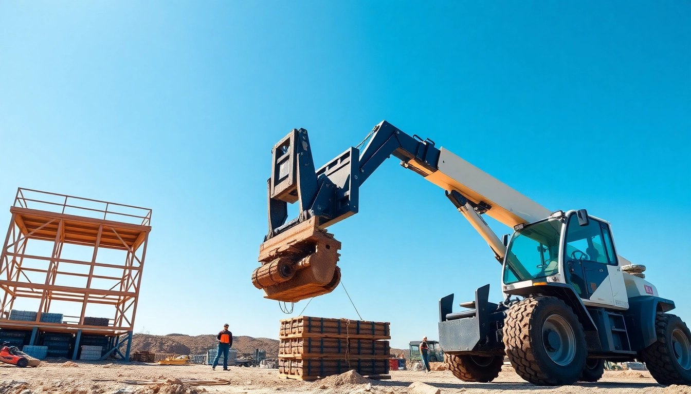 Telehandler lifting materials at a construction site, demonstrating its power and versatility.