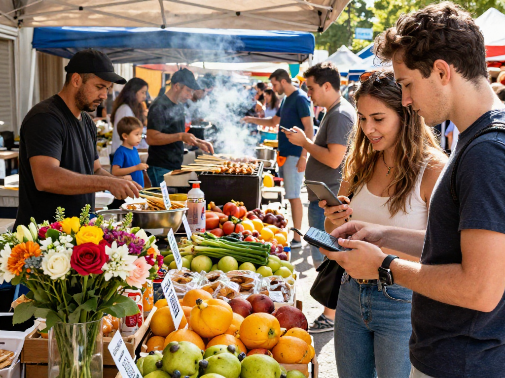 People engaging with slot qris 5k at a vibrant outdoor market.