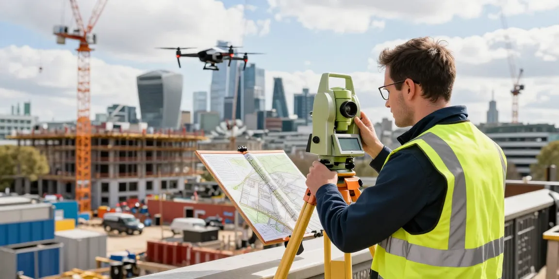 Topographical surveys london professional surveying scene with surveyor using Total Station in urban construction site.